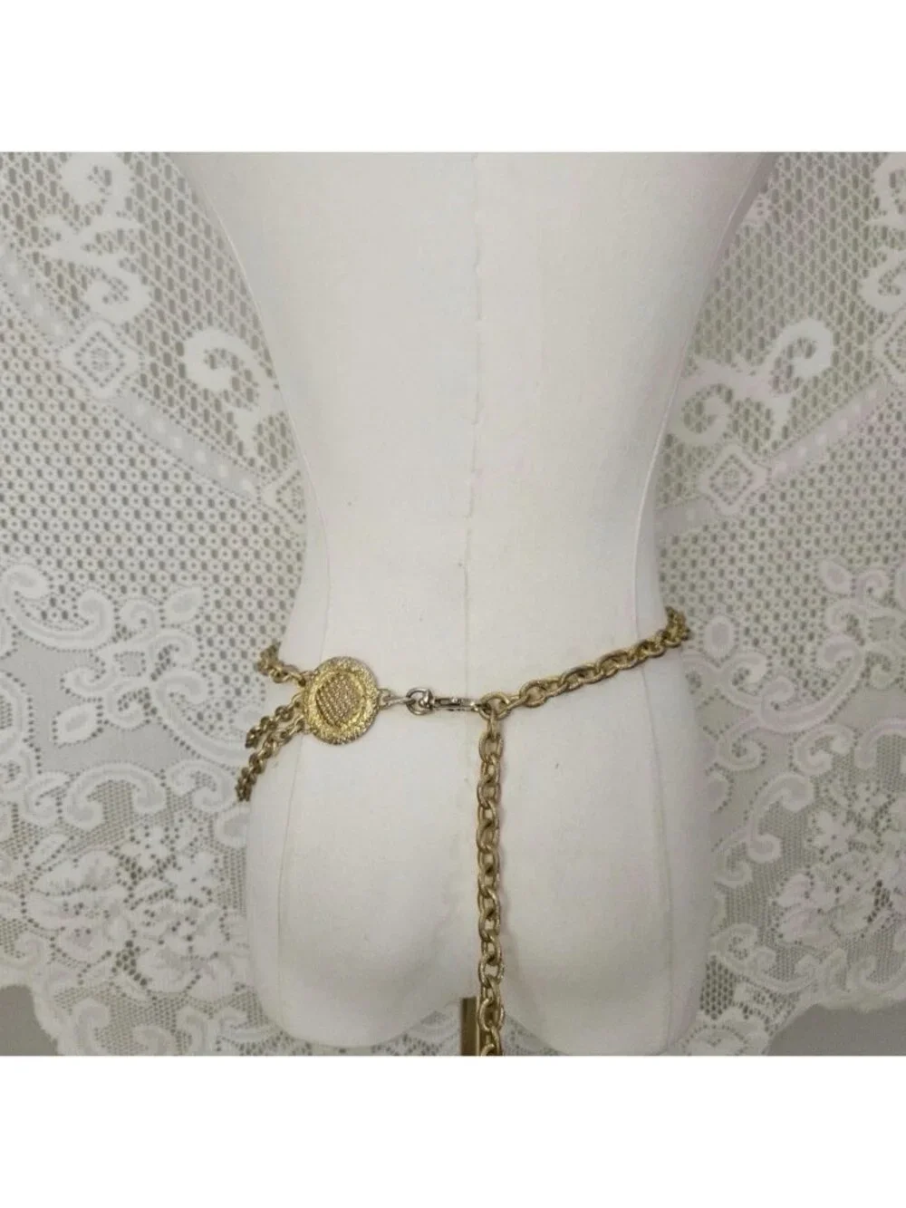 Vintage Gold Tone Chain Belt Ornate Medallion Draped Multi Strand Adjustable